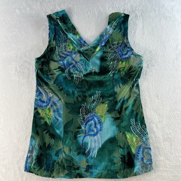 Vintage 2000s Women's S Velvet Burnout Top Teal Gold V-Neck Sleeveless Blouse - Picture 6 of 9